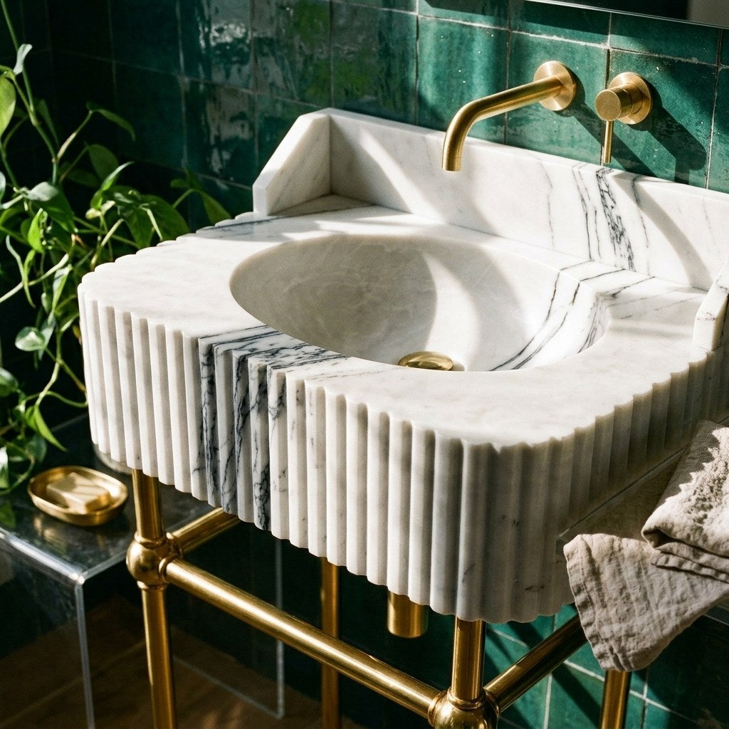 Carrara Fluted Marble Sink with Brass Stand and Backsplash — premium — view 2