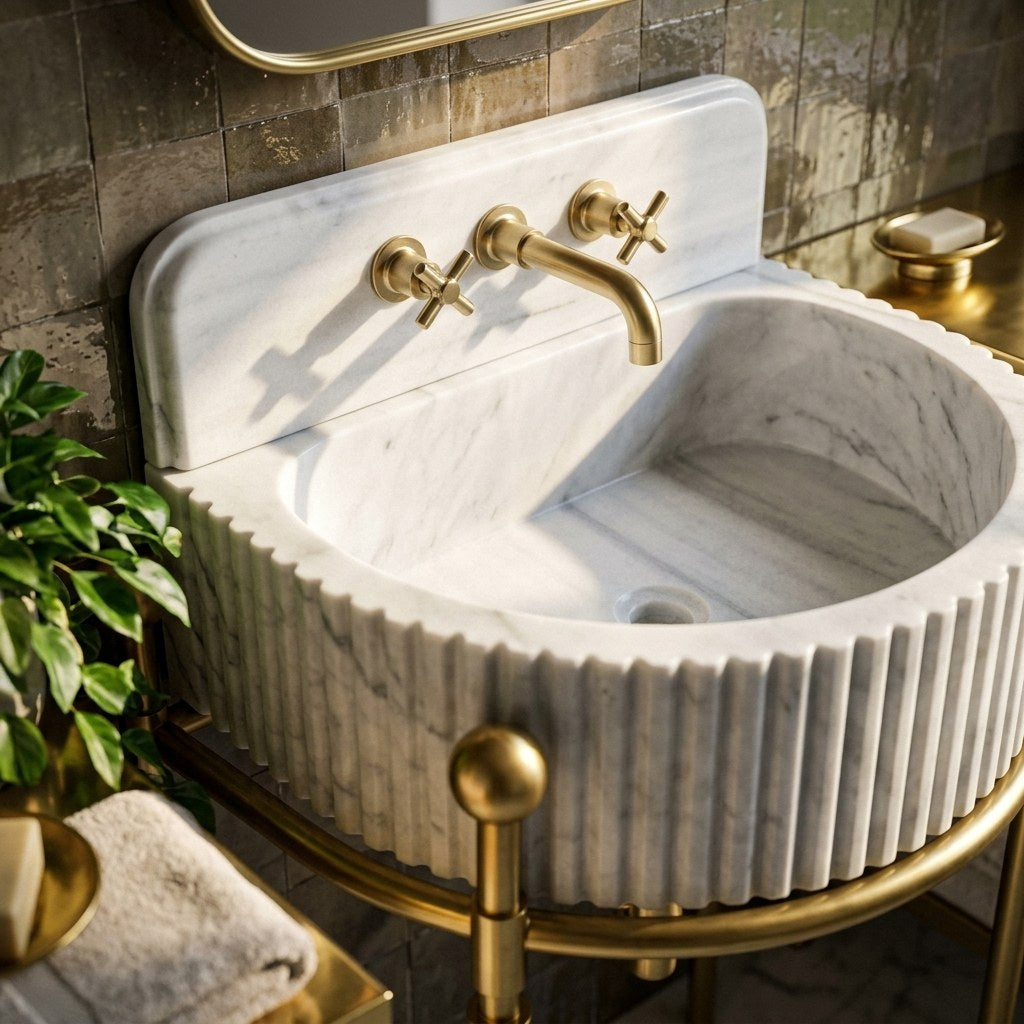 Carrara Fluted Marble Sink with Brass Stand — premium — view 2