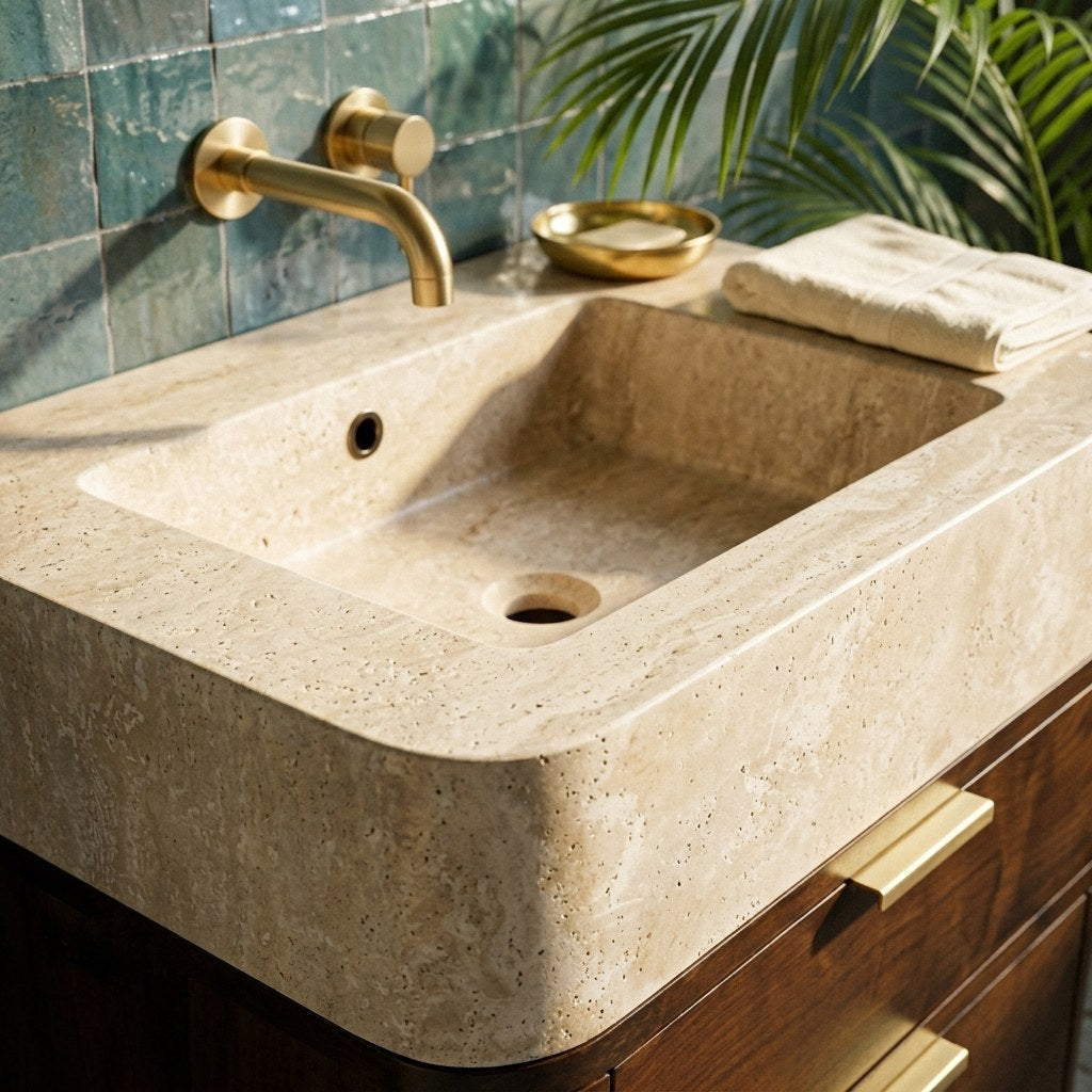Polished Travertine Vanity Sink — premium — view 2