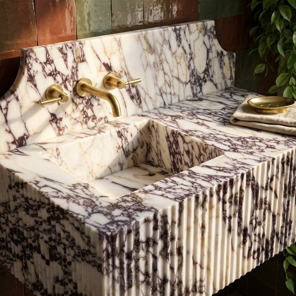 Calacatta Viola Fluted Marble Sink with Backsplash — premium — view 2