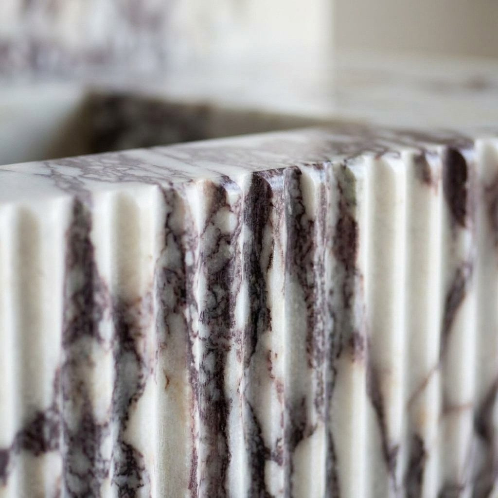 Calacatta Viola Fluted Marble Sink with Backsplash — marble detail — view 3