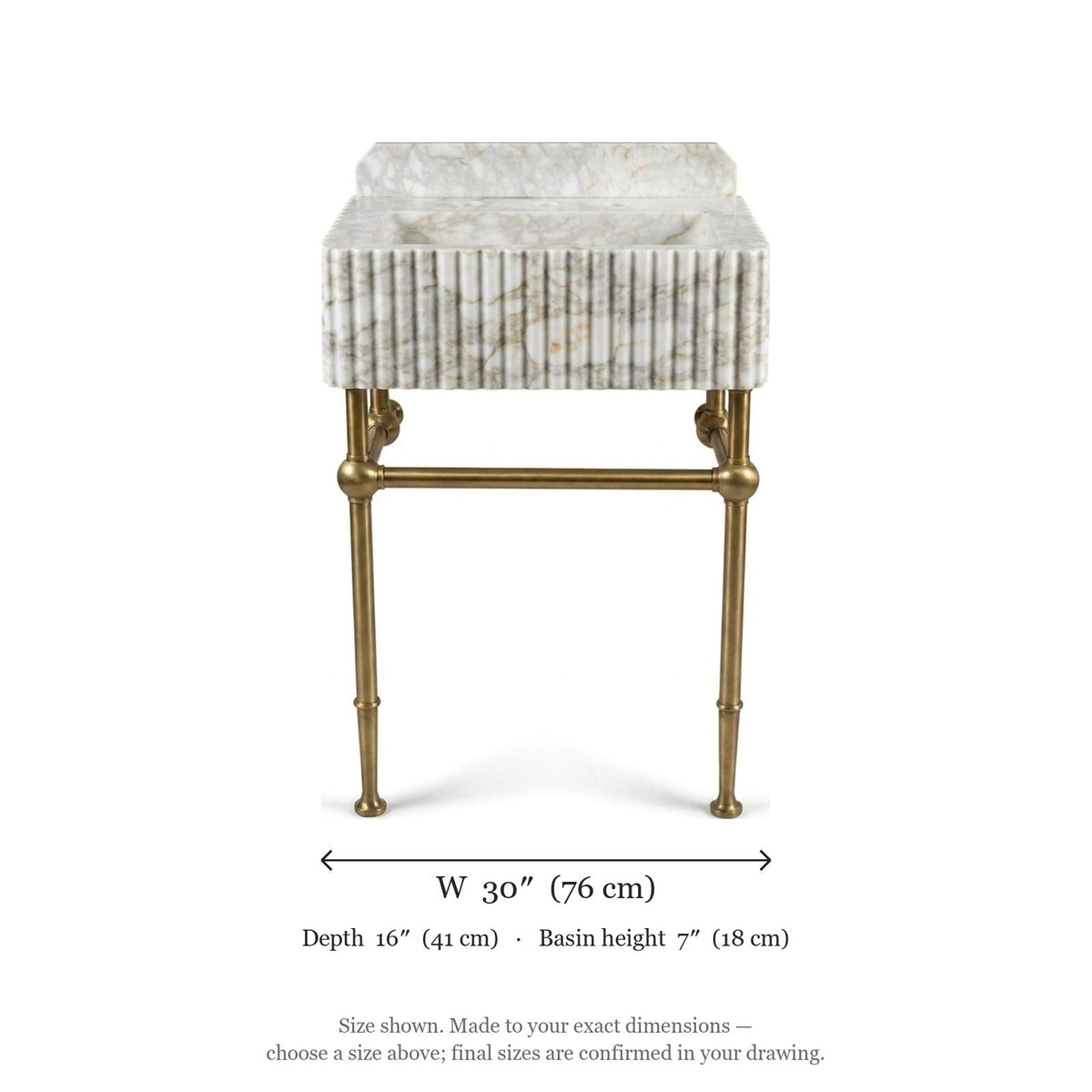 Calacatta Gold Fluted Marble Sink with Brass Stand — dimensions — view 5