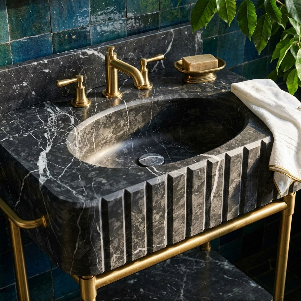 Pietra Notte Fluted Marble Sink with Brass Stand — premium — view 2