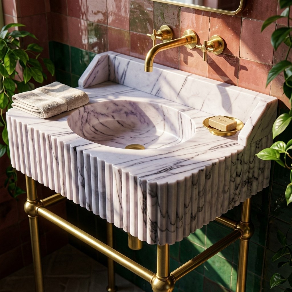 Lilac Fluted Marble Sink with Backsplash and Brass Stand — premium — view 2