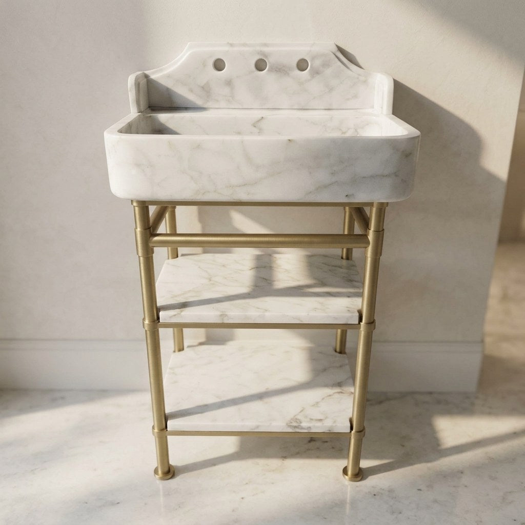 Carrara Marble Sink with Brass Stand and Backsplash — detail — view 3