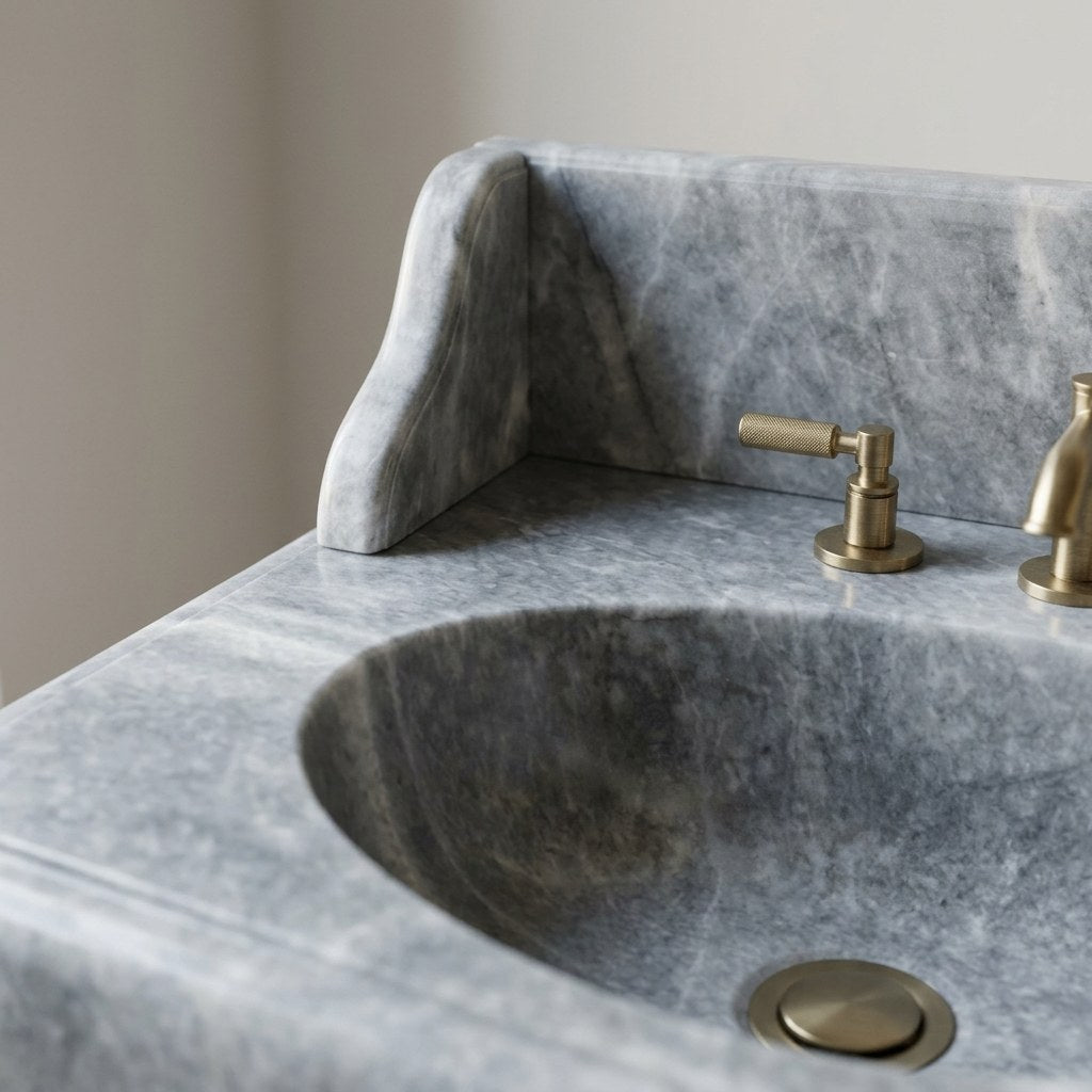 Grey Marble Sink with Integrated Backsplash — marble detail — view 3