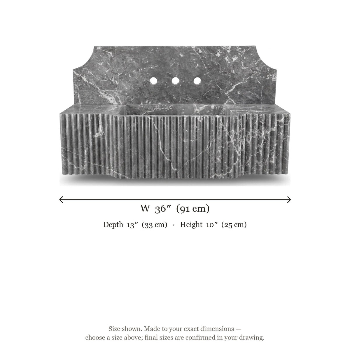 Pietra Notte Fluted Marble Sink with Backsplash — dimensions — view 5
