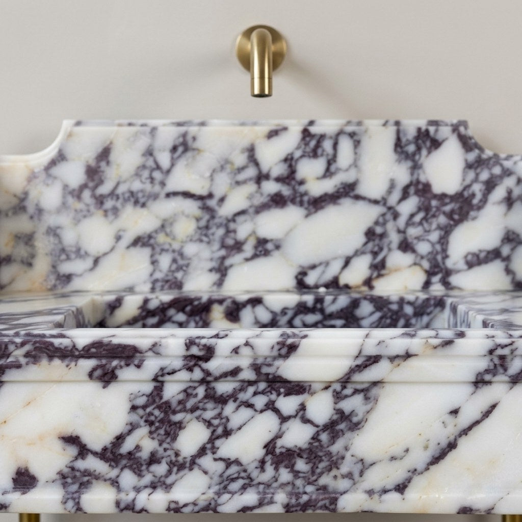 Calacatta Viola Marble Sink with Brass Stand and Backsplash — marble detail — view 2