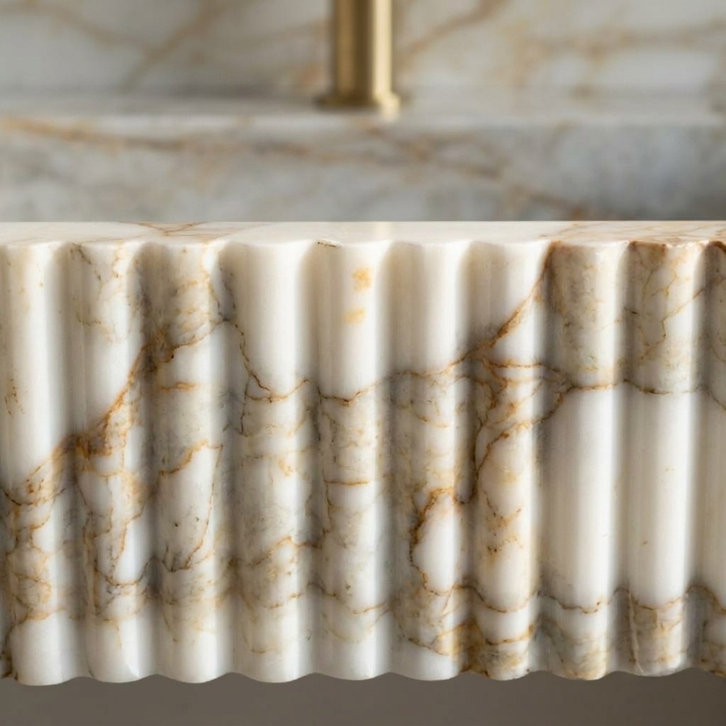 Calacatta Gold Fluted Polished Marble Sink with Metal Stand — marble detail — view 3
