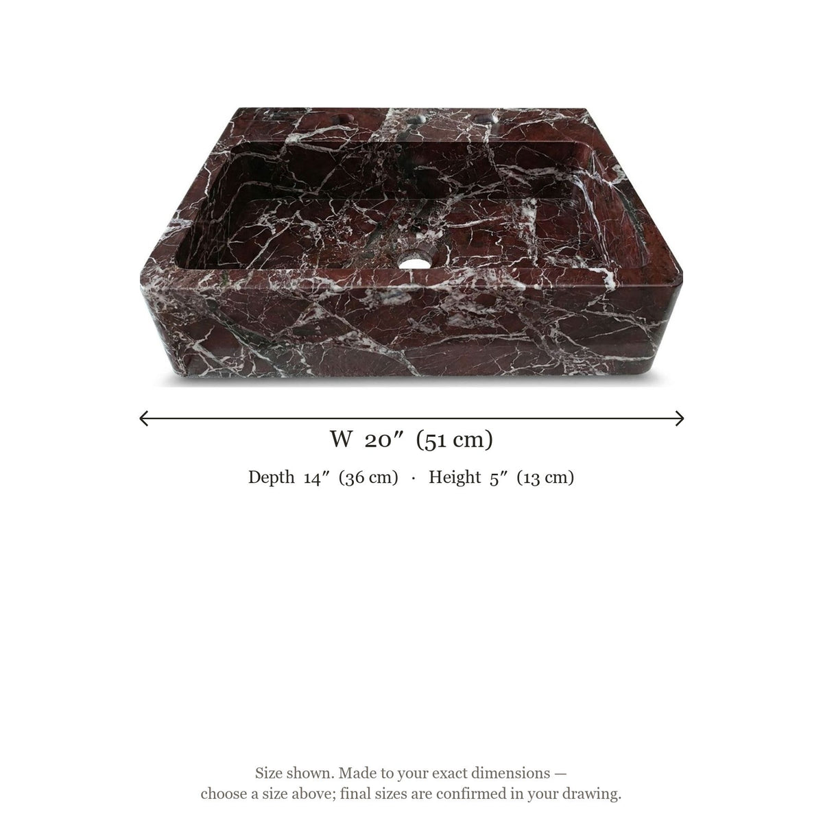 Rosso Levanto Marble Rectangular Sink with 3 Faucet Holes — dimensions — view 4