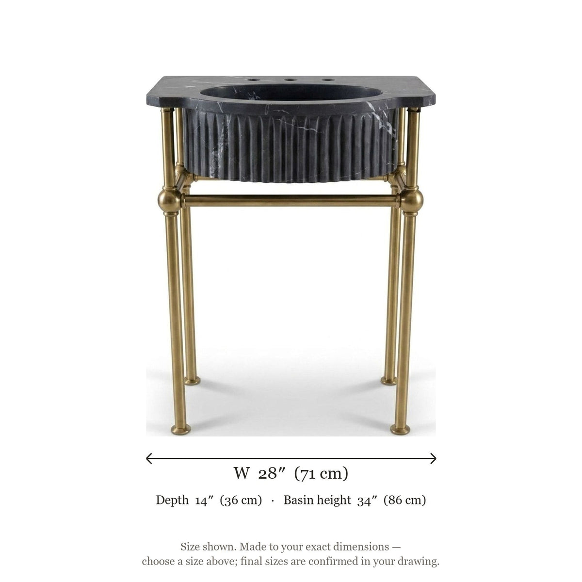 Nero Marquina Fluted Marble Sink with Brass Stand — dimensions — view 5