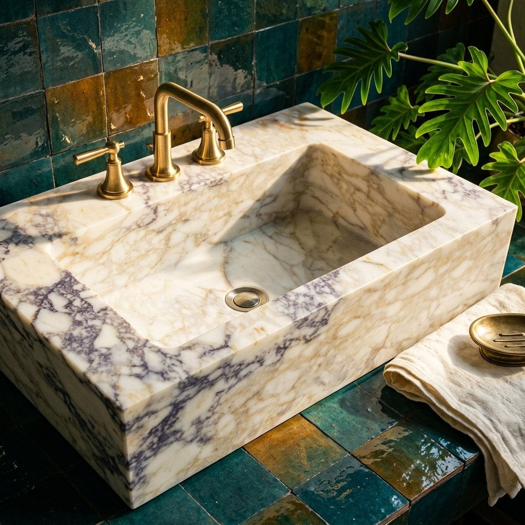 Calacatta Viola Honed Marble Sink with Three Faucet Holes — premium — view 2