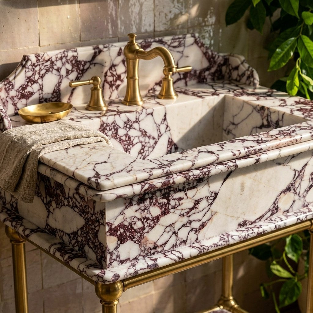 Calacatta Viola Marble Sink with Brass Stand and Backsplash — premium — view 2