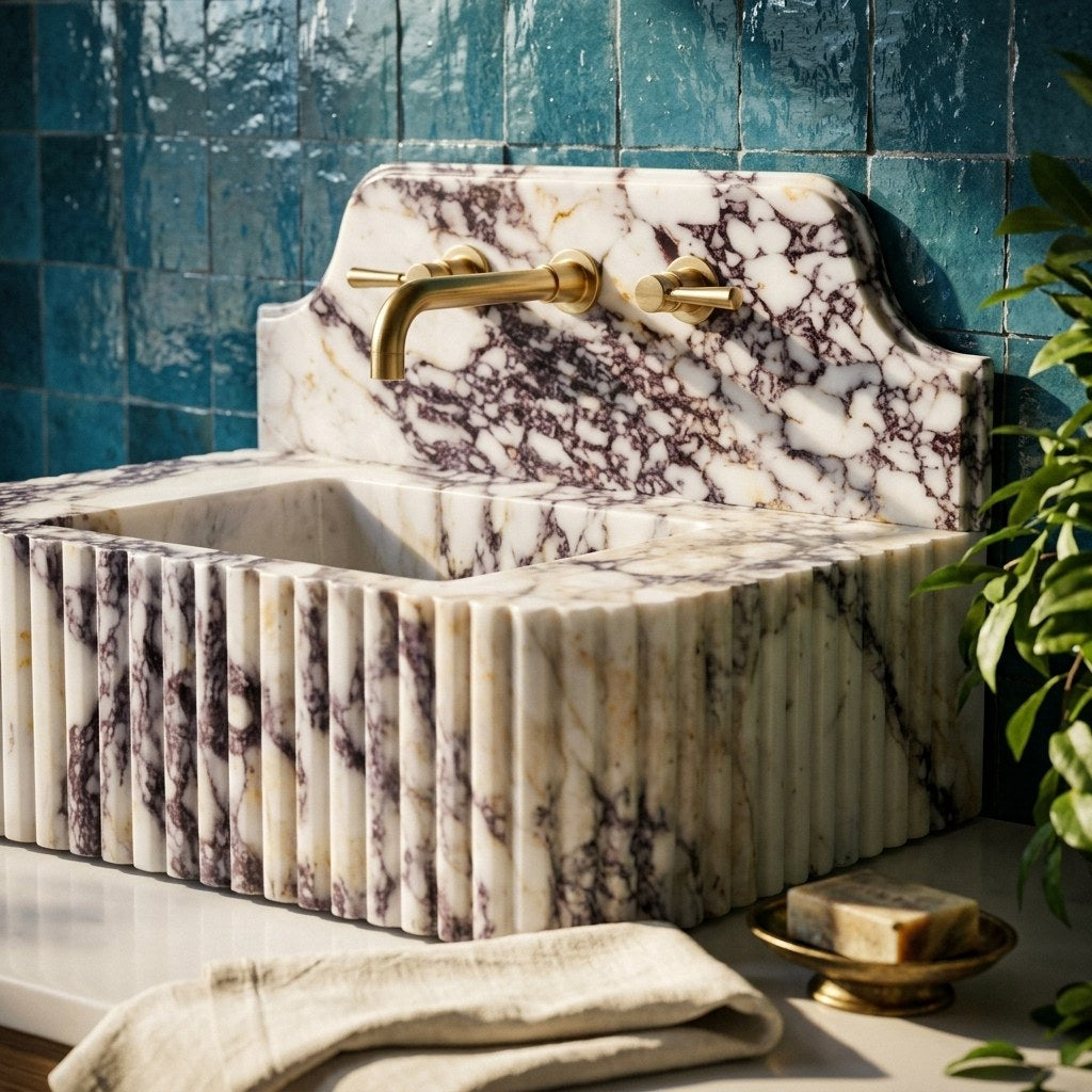 Calacatta Viola Fluted Marble Sink with Backsplash — premium — view 2