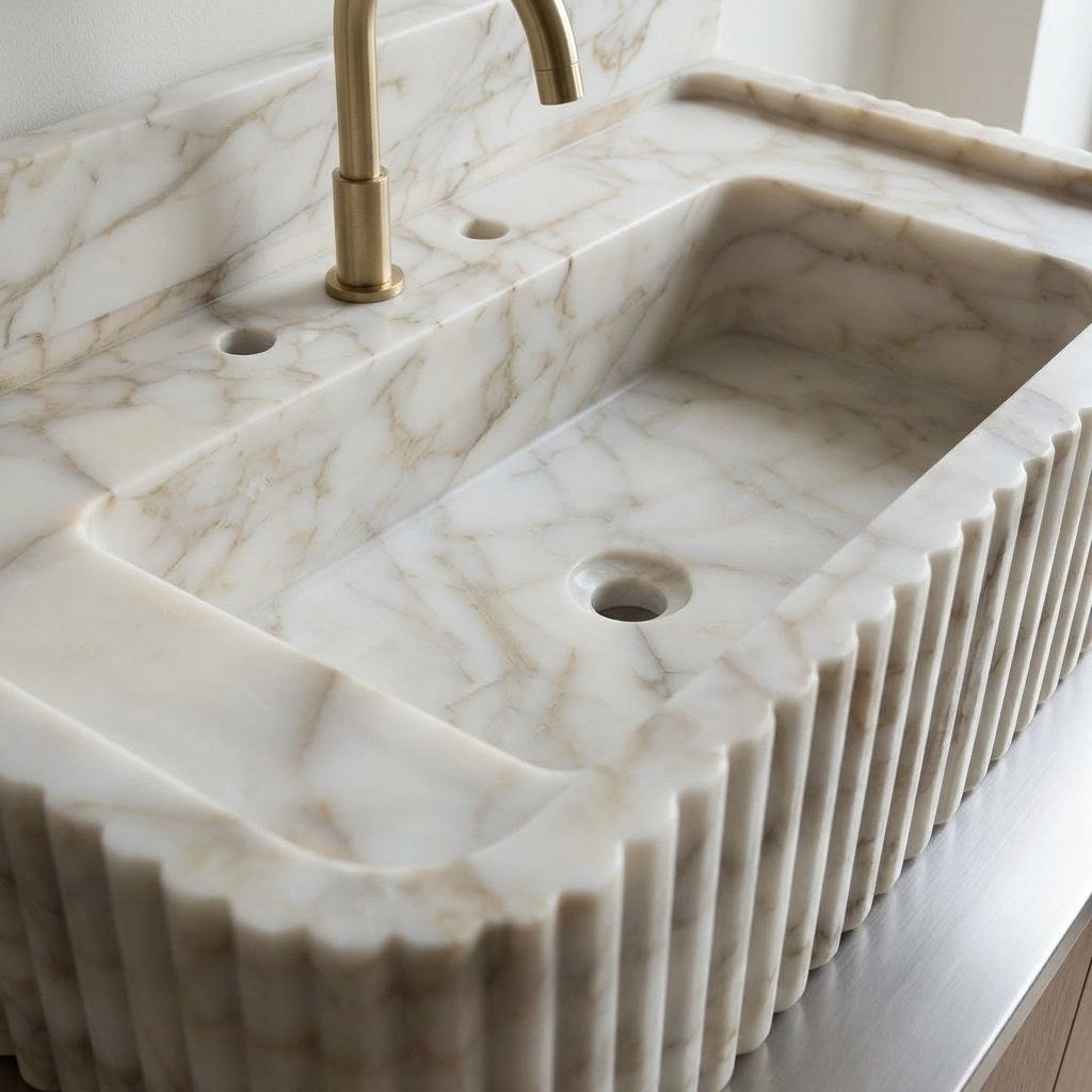 Calacatta Gold Fluted Marble Sink with Backsplash — detail — view 4