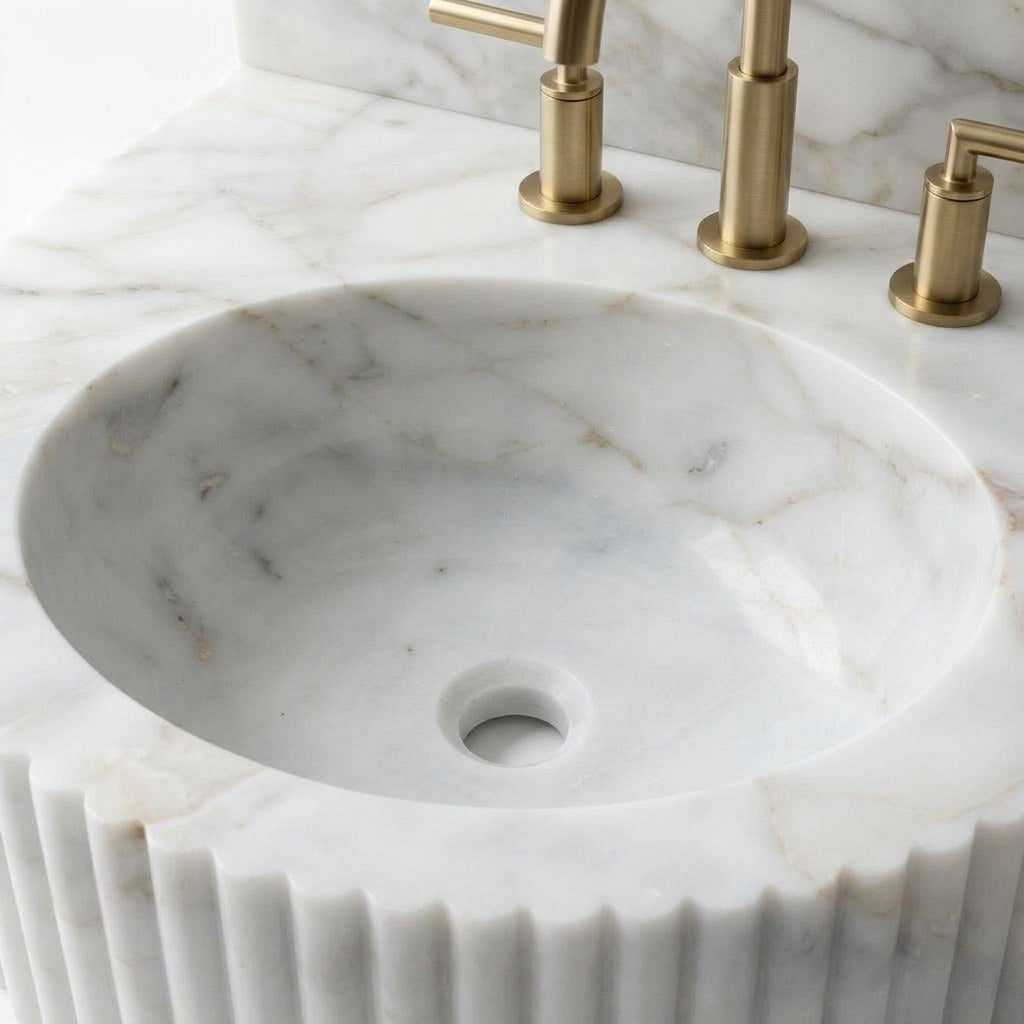 Carrara Fluted Marble Sink with Backsplash — detail — view 4