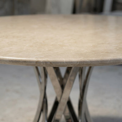 Beige Marble Round Table with Brushed Steel Base — marble detail