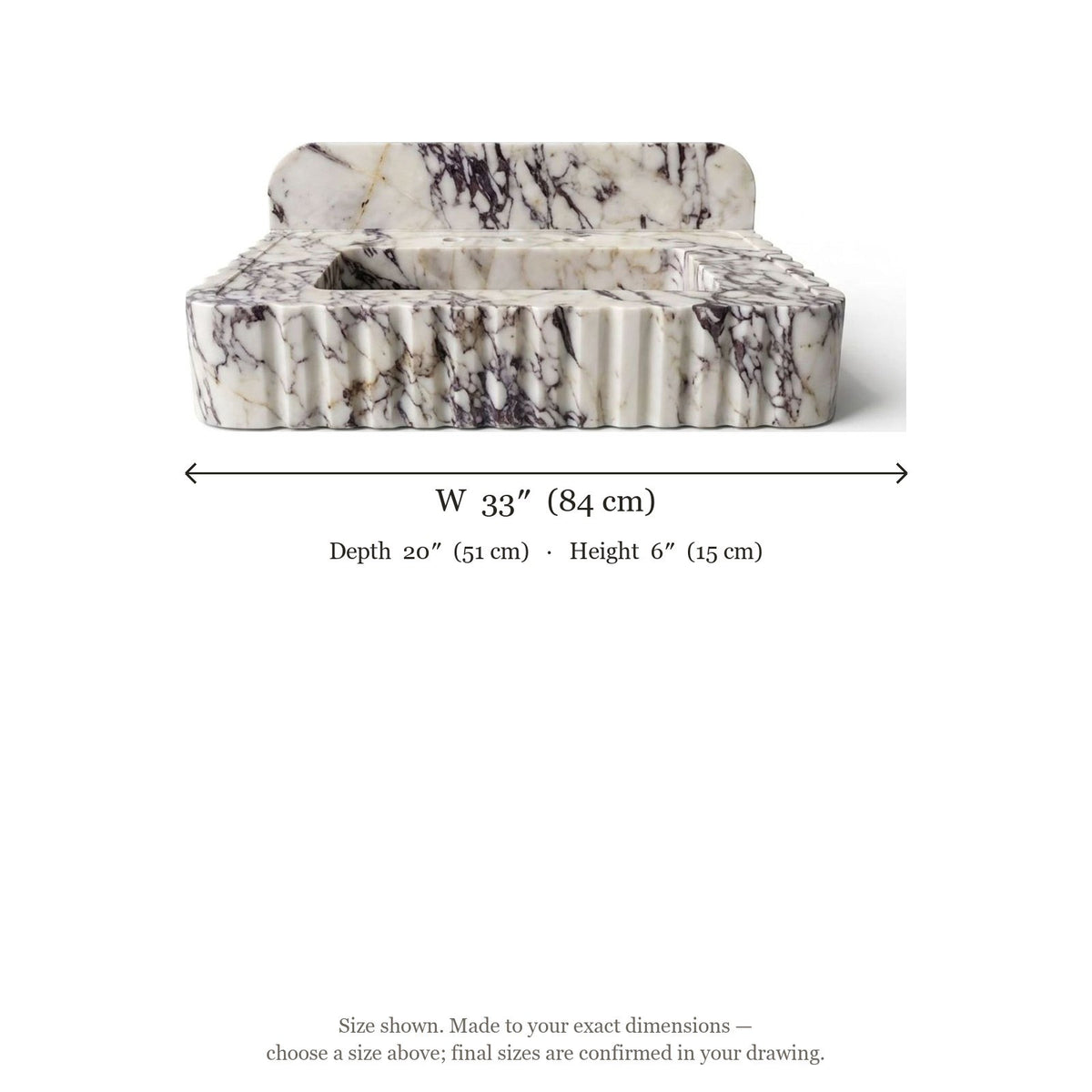 Calacatta Viola Fluted Marble Sink with Backsplash — dimensions — view 4