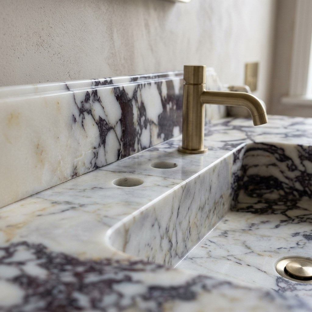 Calacatta Viola Marble Sink with Metal Stand and Backsplash — marble detail — view 3