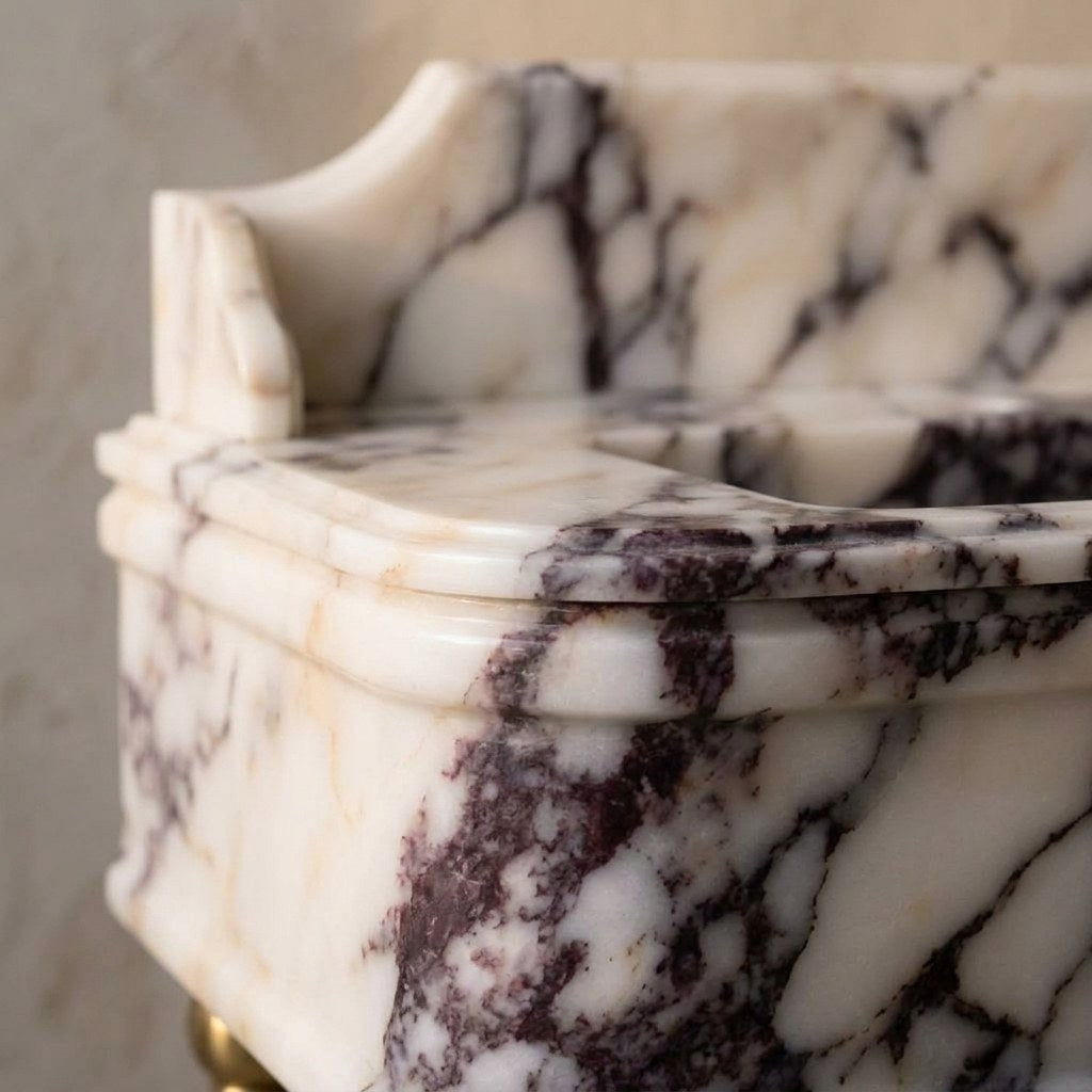 Calacatta Viola Marble Sink with Brass Stand and Backsplash — marble detail — view 3