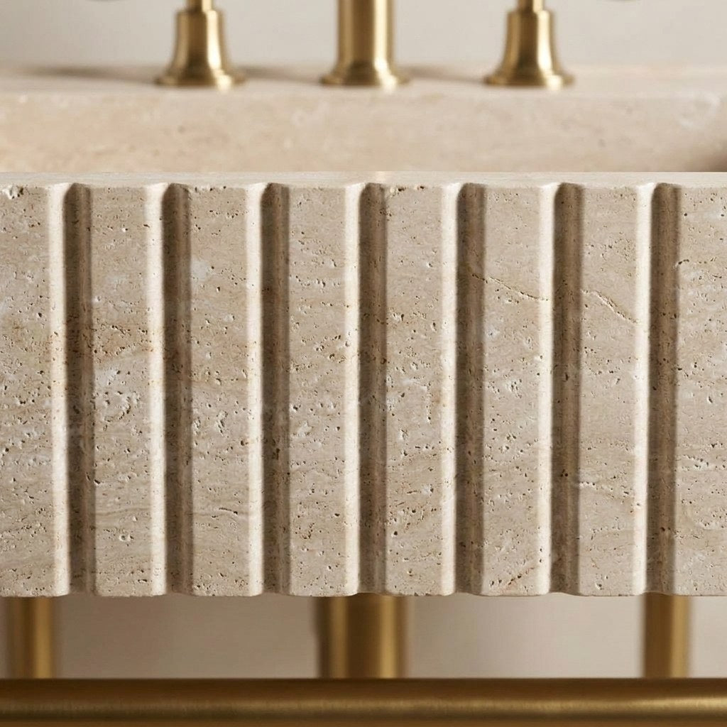 Honed Travertine Fluted Sink with Brass Stand — marble detail — view 3