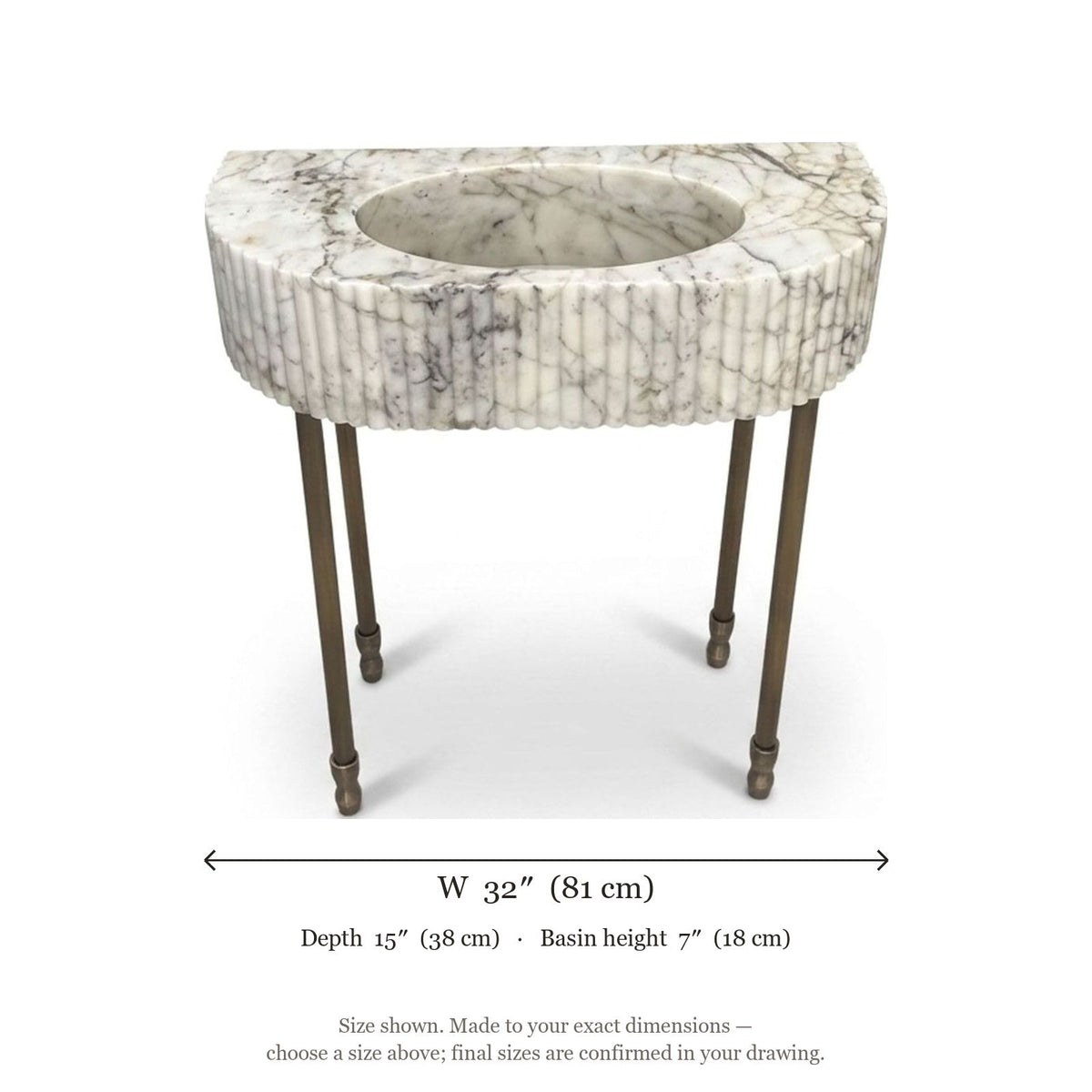 Calacatta Gold Fluted Marble Sink with Antique Brass Stand — dimensions — view 5