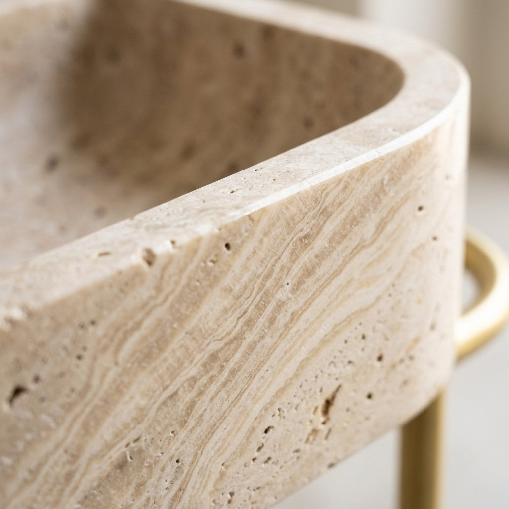 Polished Travertine Sink with Brass Stand — marble detail — view 3