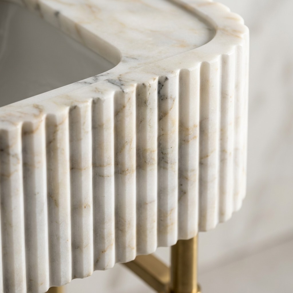 Calacatta Gold Fluted Marble Sink with Brass Stand — marble detail — view 3