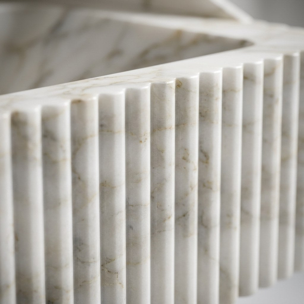 Calacatta Gold Fluted Marble Sink with Curved Backsplash — marble detail — view 3