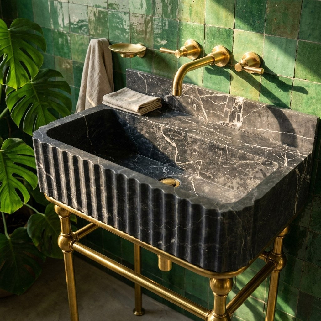 Pietra Notte Fluted Marble Sink with Brass Stand — premium — view 2