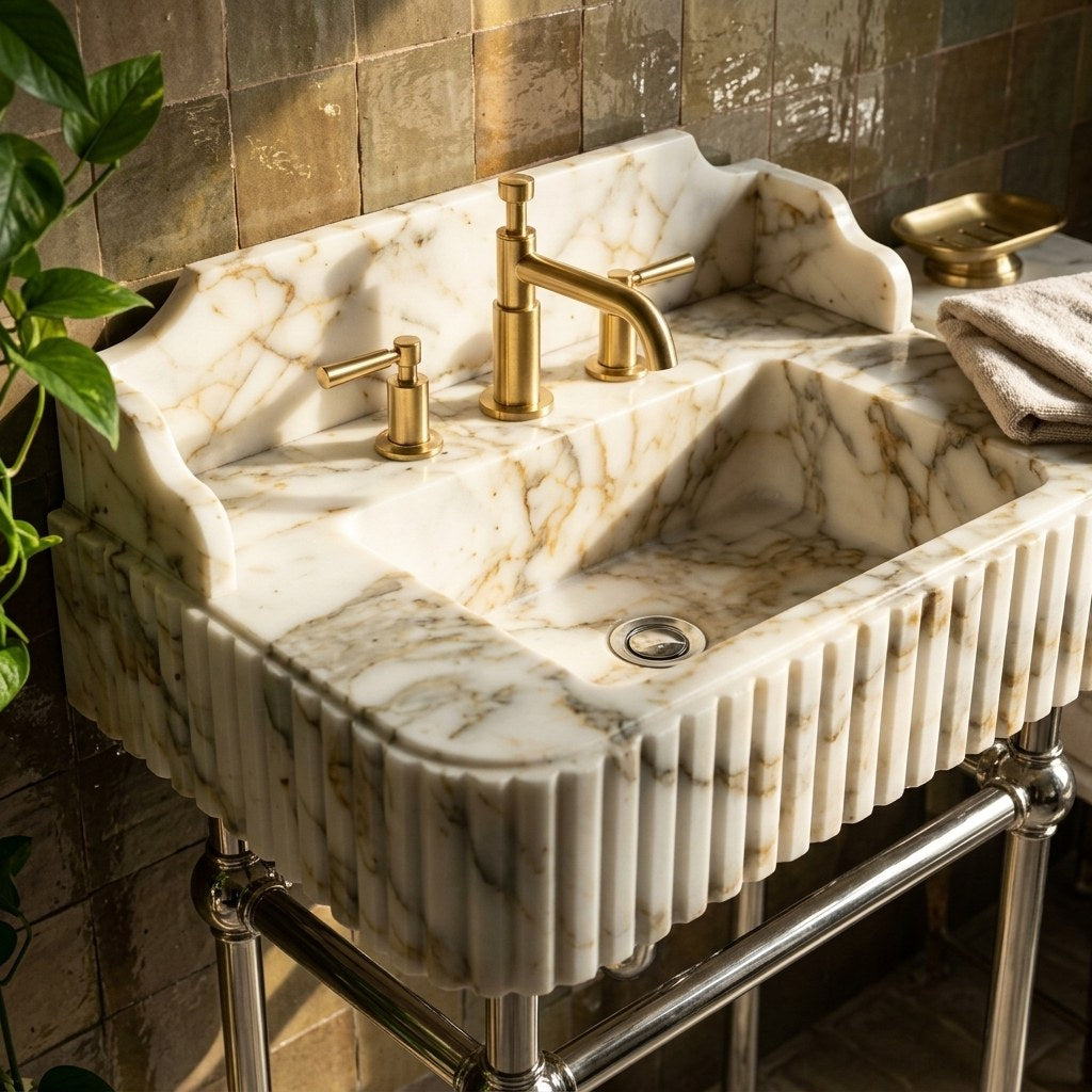 Calacatta Gold Fluted Marble Sink with Brushed Steel Stand — premium — view 2