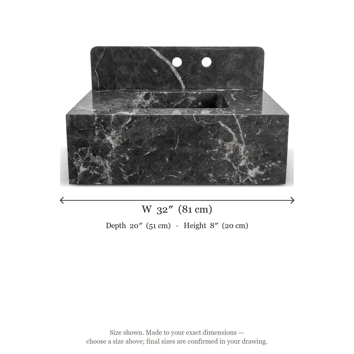 Pietra Notte Honed Marble Sink with Integrated Backsplash — dimensions — view 2