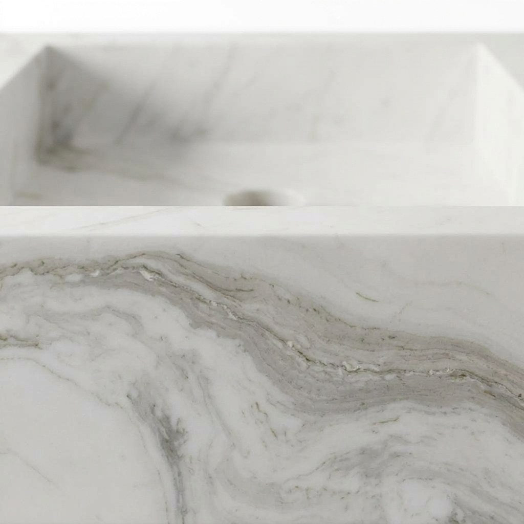 Carrara Polished Marble Vanity with Wood Cabinet — marble detail — view 3