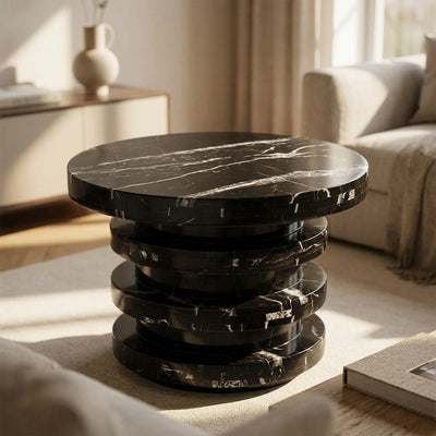 Nero Marquina Polished Tiered Marble Side Table — premium
