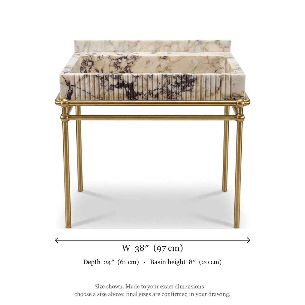 Calacatta Viola Fluted Marble Sink with Brass Stand — dimensions — view 5