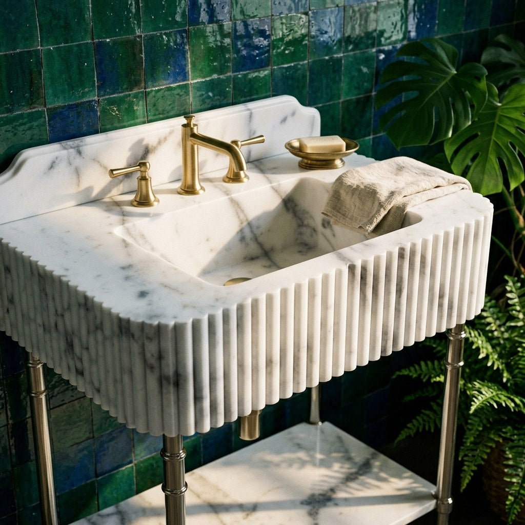 Carrara Fluted Marble Sink with Metal Stand and Backsplash — premium — view 2