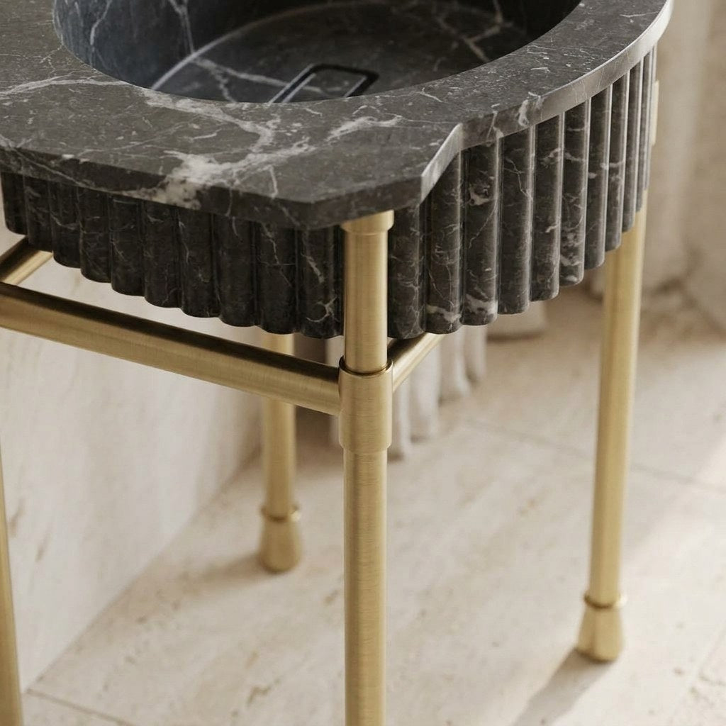 Pietra Notte Fluted Marble Sink with Champagne Gold Stand — detail — view 4