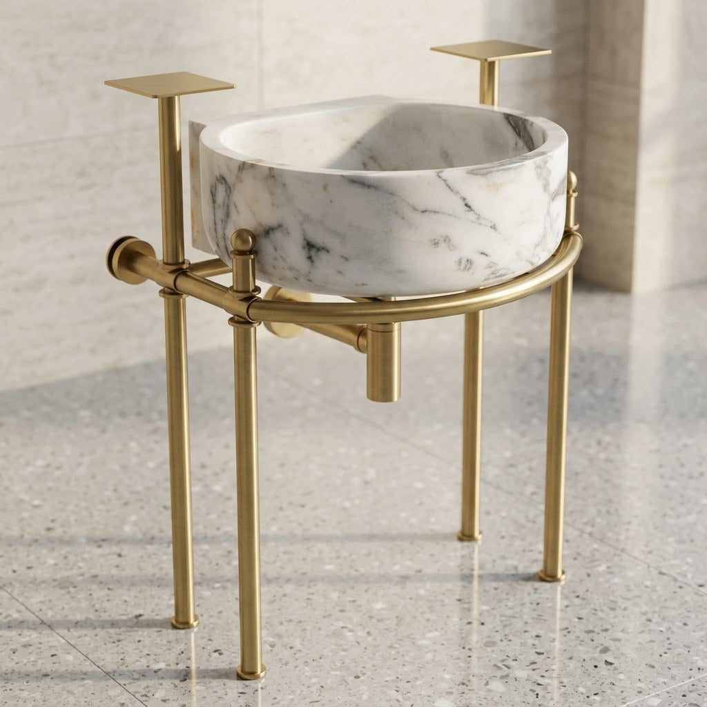 Carrara Marble Round Sink with Brass Stand — detail — view 4