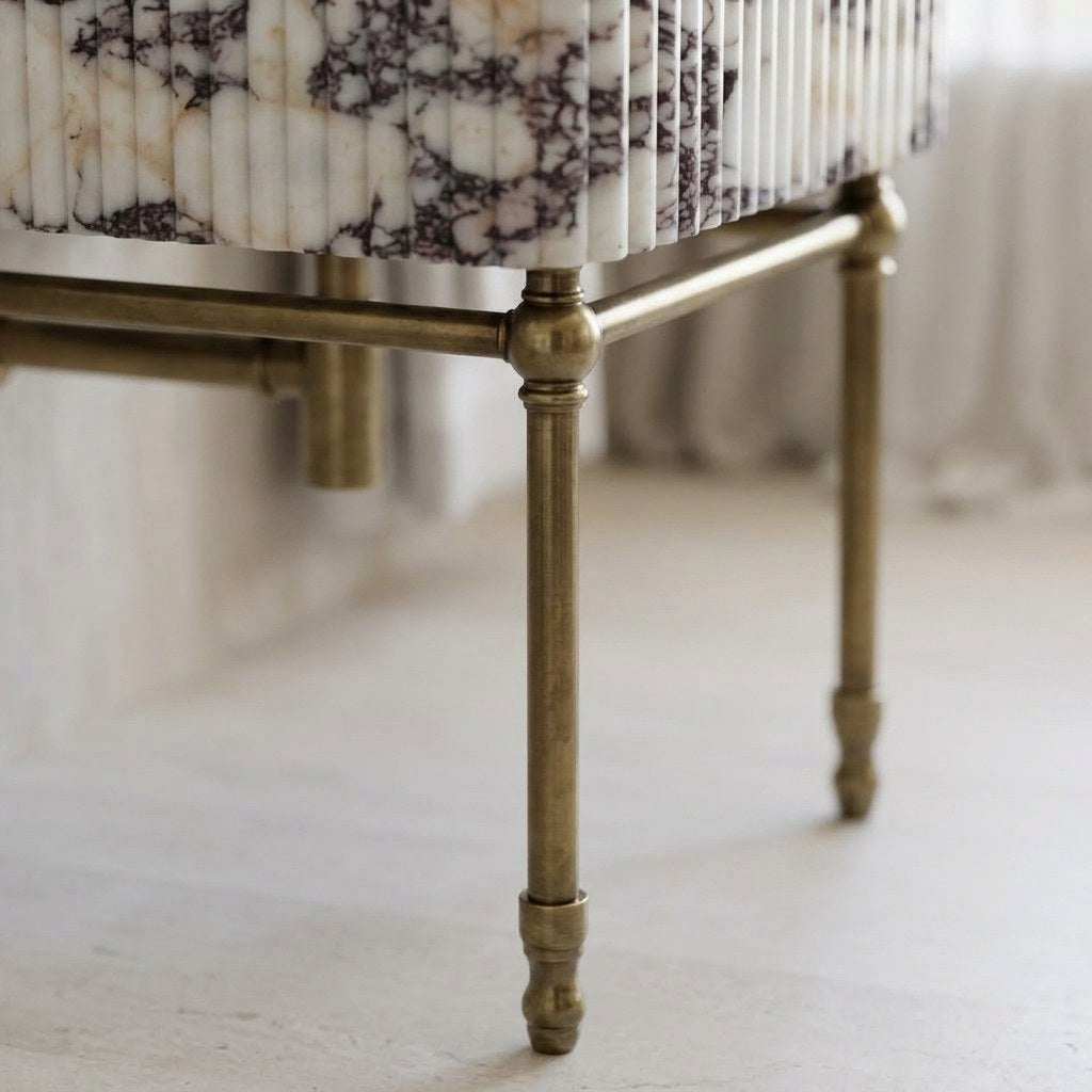 Calacatta Viola Fluted Marble Sink with Brass Stand and Backsplash — detail — view 3