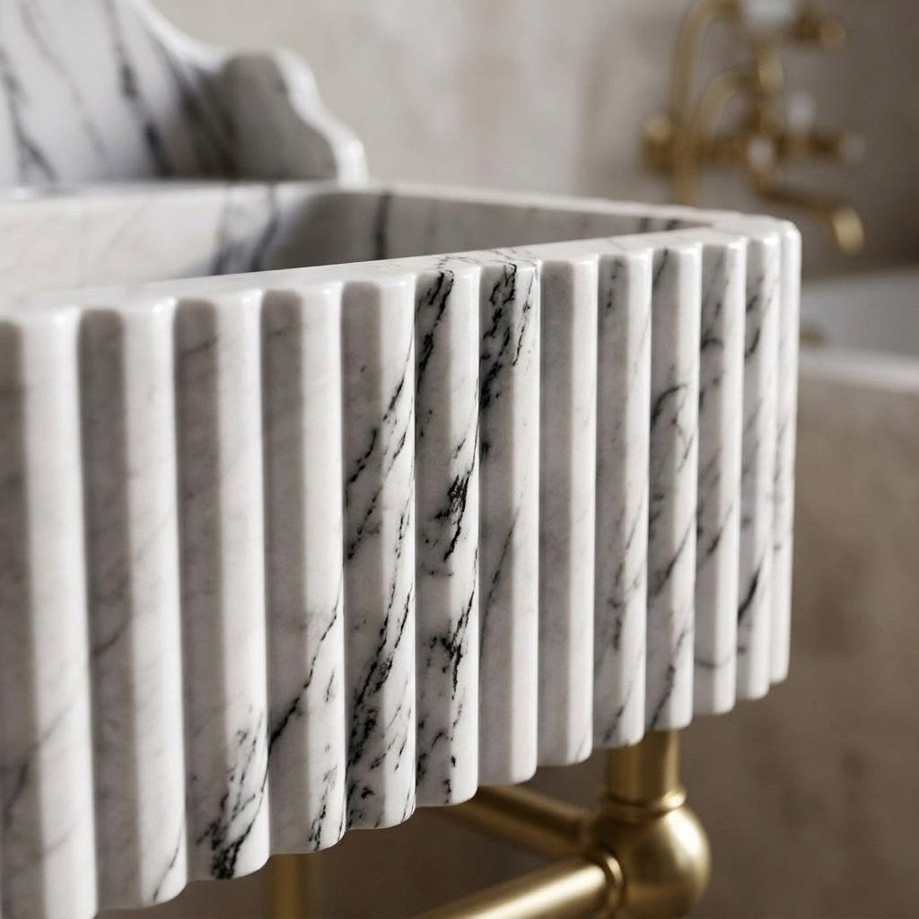 Lilac Fluted Marble Sink with Champagne Gold Stand — marble detail — view 3