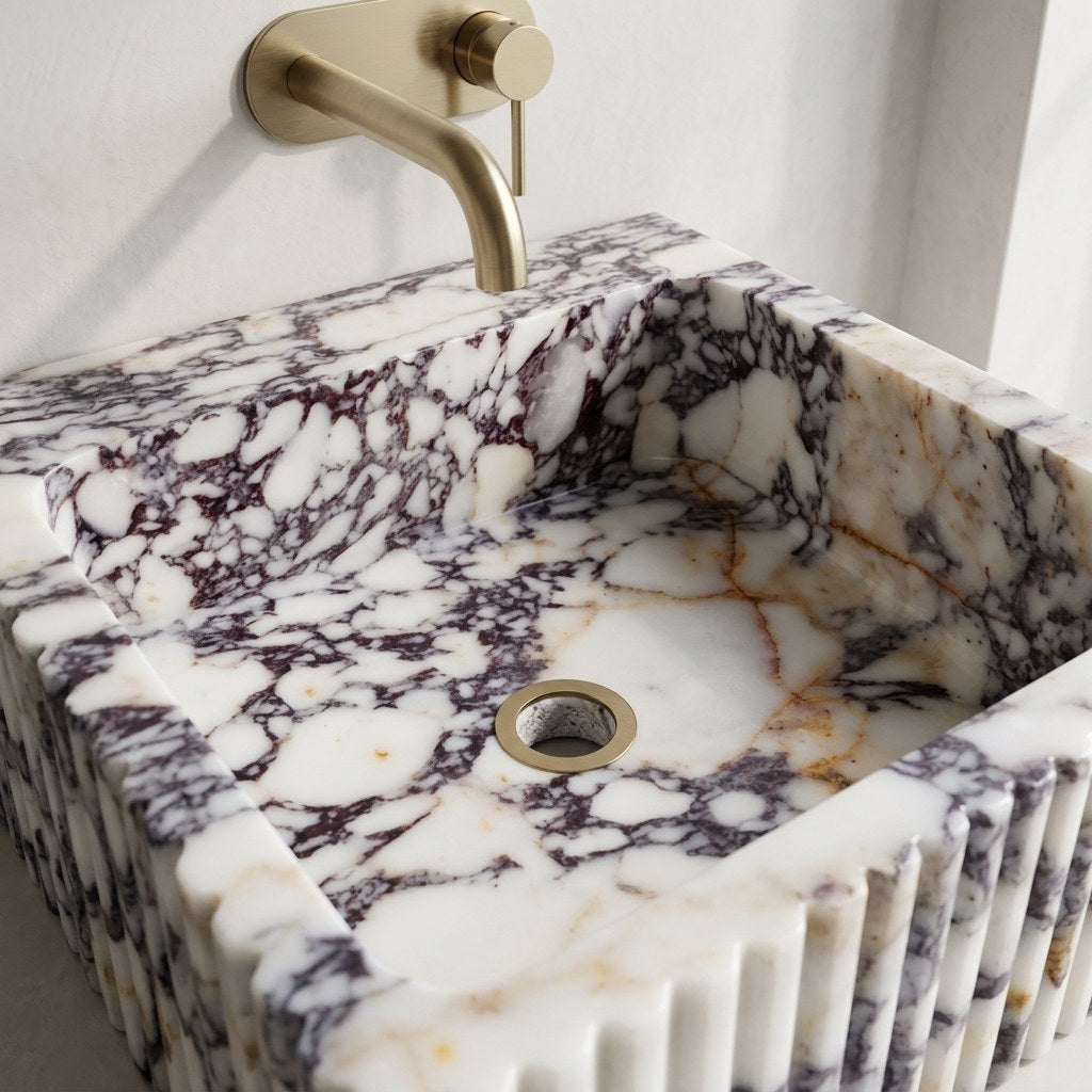 Calacatta Viola Fluted Polished Marble Vessel Sink — detail — view 4