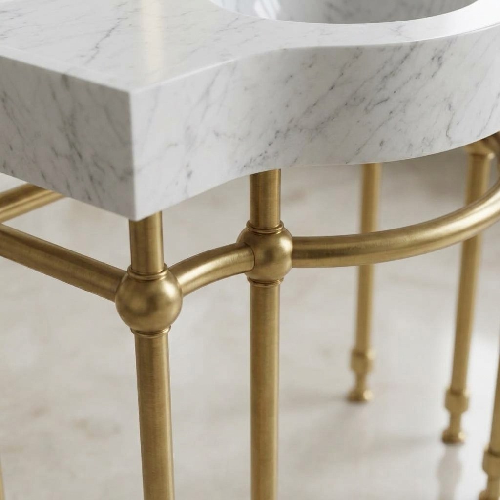 Carrara Marble Console Sink with Brass Stand — detail — view 4