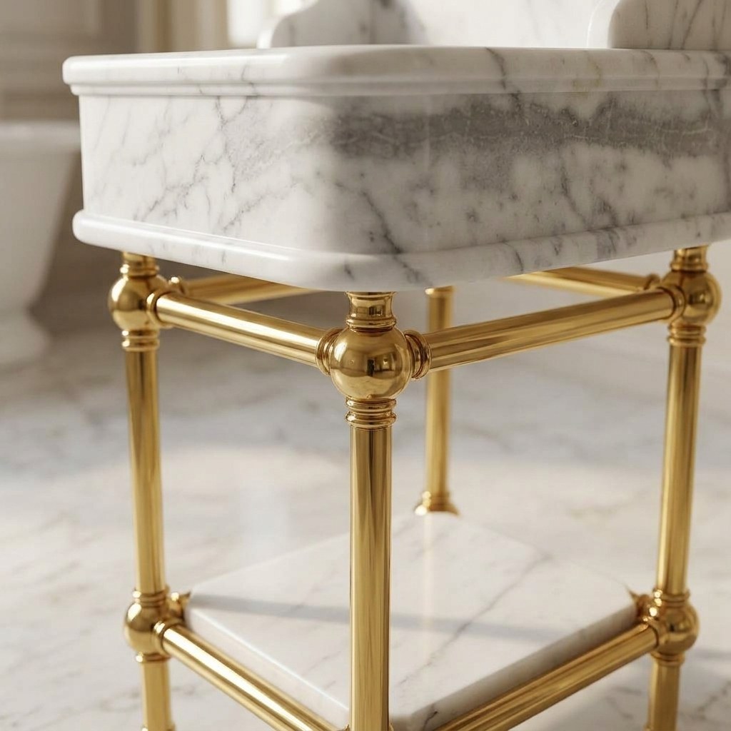 Carrara Marble Sink with Brass Stand and Backsplash — detail — view 3