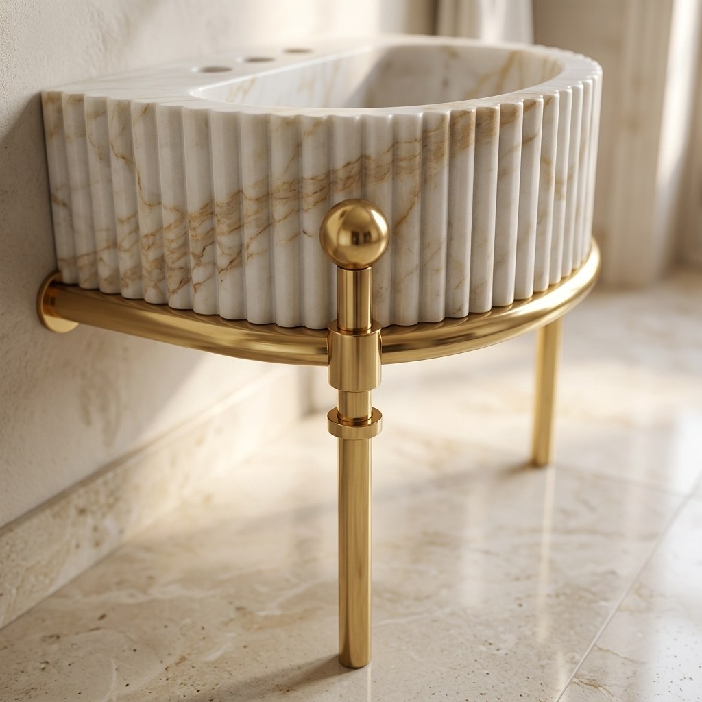Calacatta Gold Fluted Marble Sink with Brass Stand — detail — view 4
