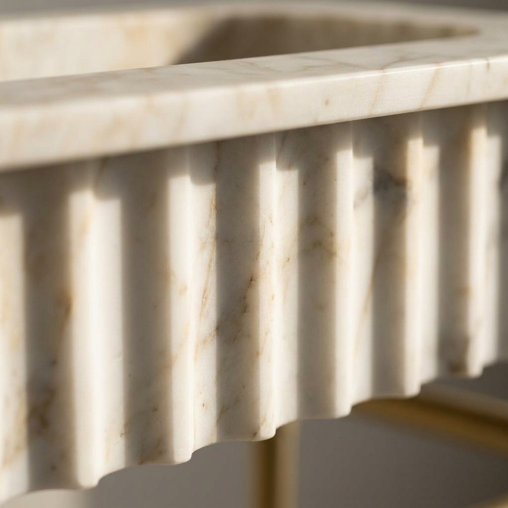 Calacatta Gold Fluted Marble Sink with Brass Stand — marble detail — view 3