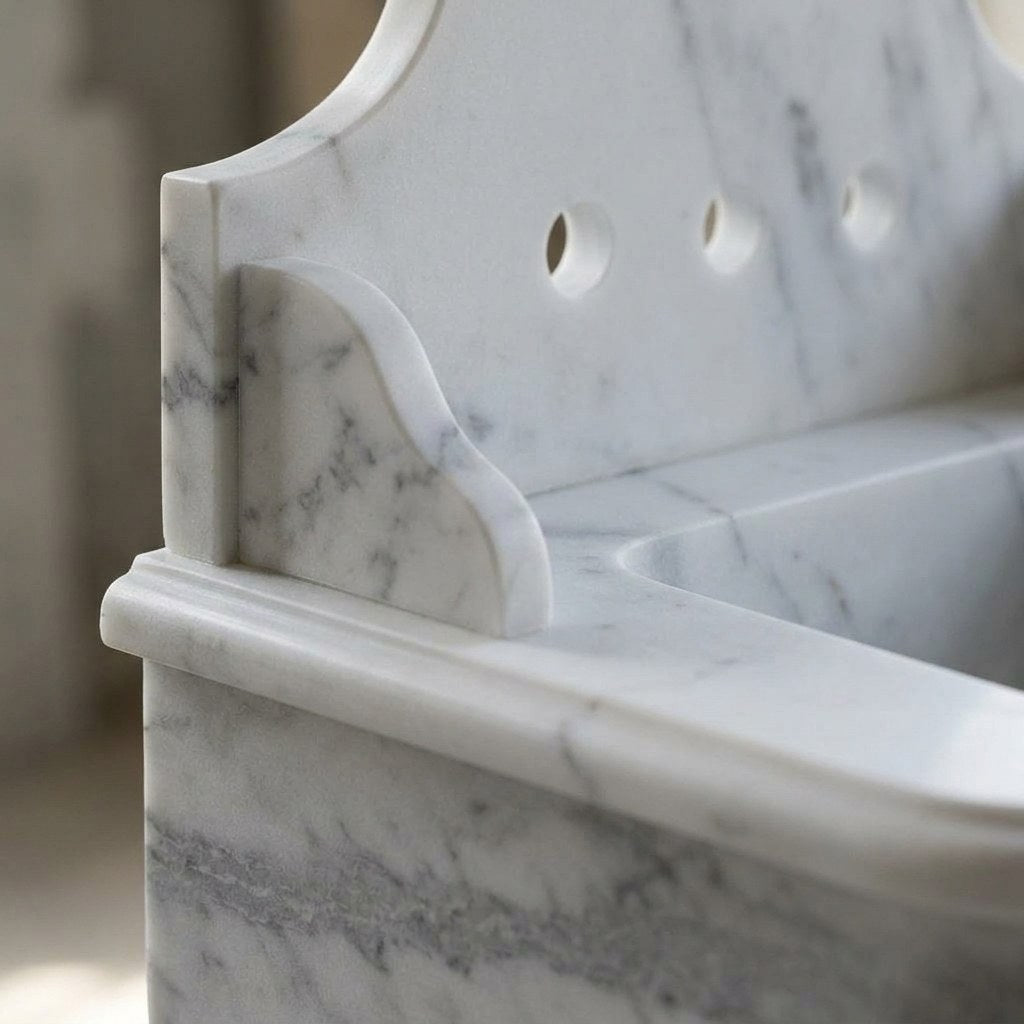 Carrara Marble Sink with Brass Stand and Backsplash — marble detail — view 2