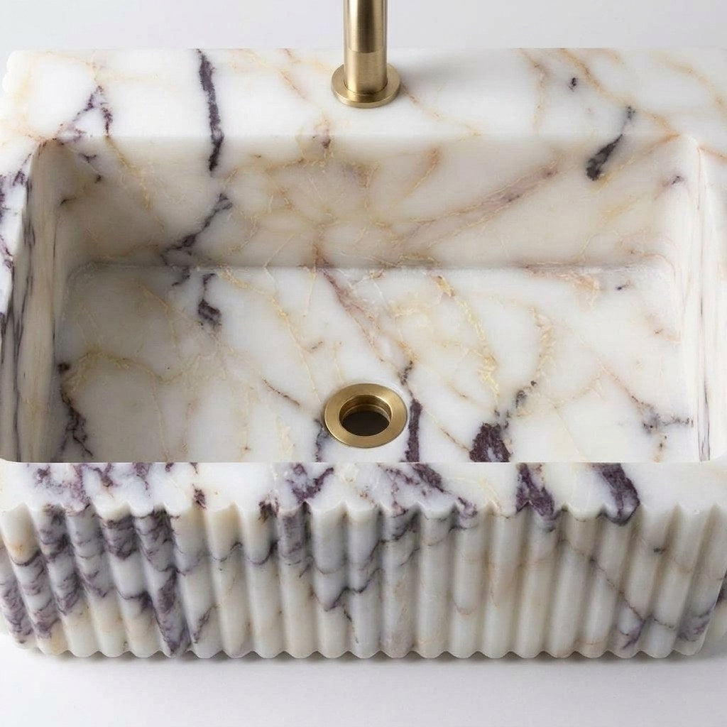 Calacatta Viola Fluted Polished Marble Sink — detail — view 4