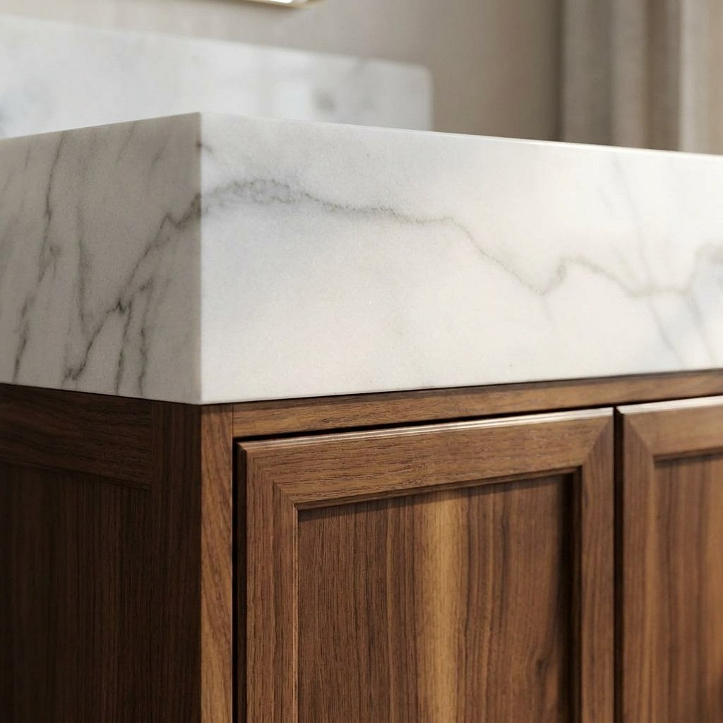 Polished Carrara Marble Vanity Sink with Backsplash — detail — view 4