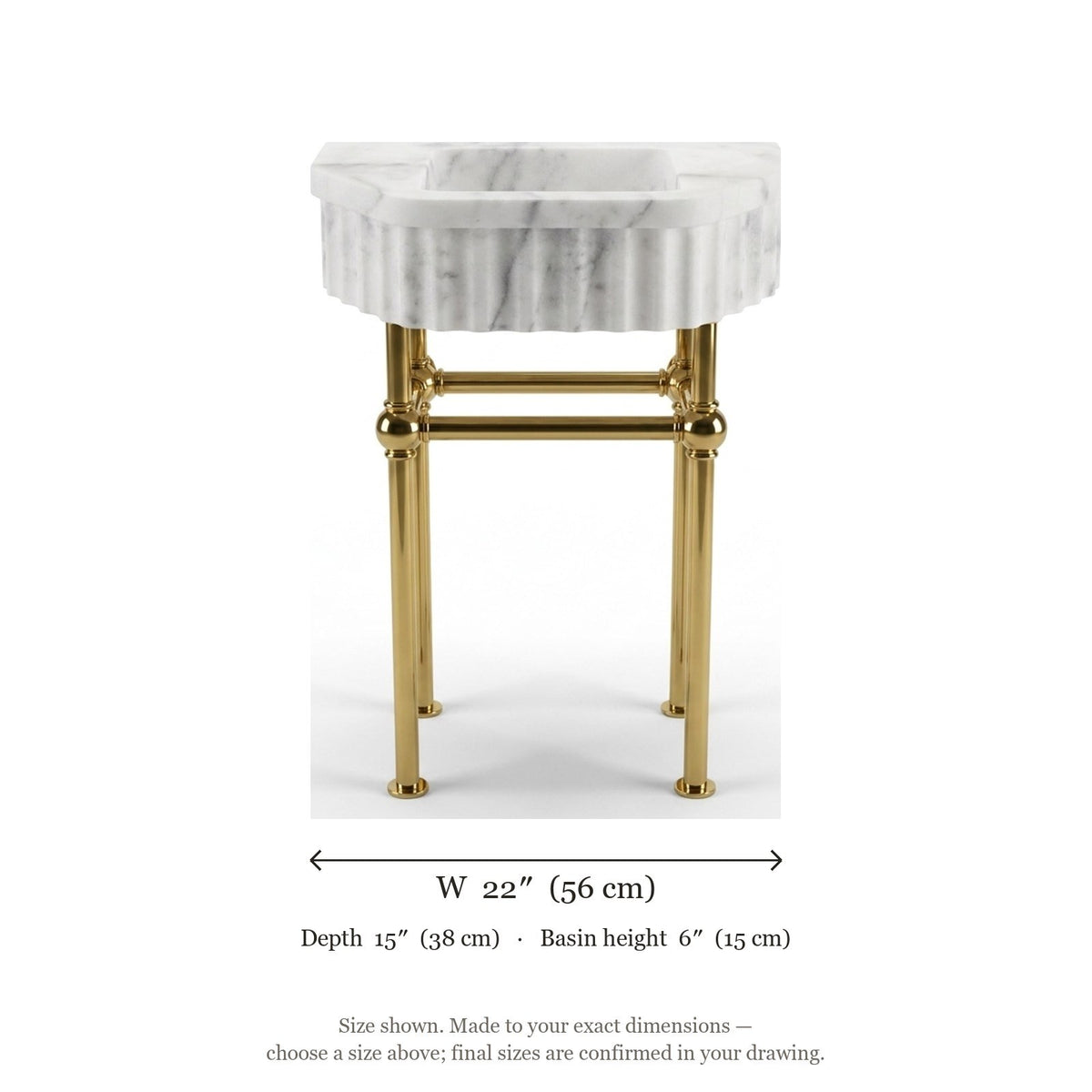 Carrara Fluted Marble Sink with Brass Stand — dimensions — view 4
