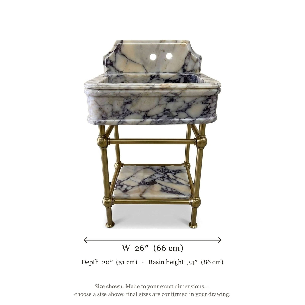 Calacatta Viola Marble Sink with Brass Stand and Backsplash — dimensions — view 4